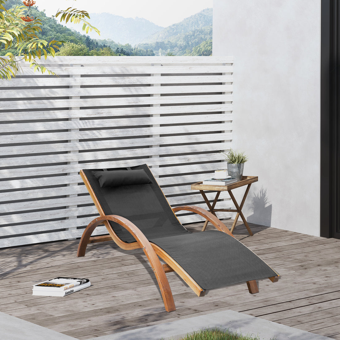 Outsunny Outdoor Chaise Wood Lounge Chair With Pillow, Armrests,Sling Mesh And Comfortable Curved Design For Patio, Deck, And Poolside Black Pine