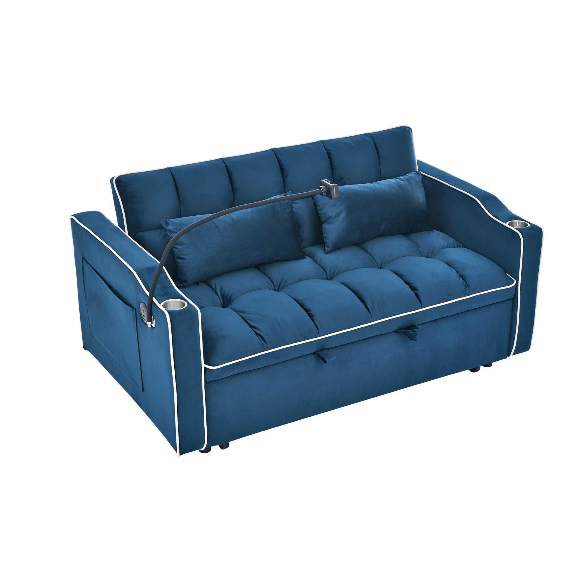 55.51 Inch Versatile Foldable Sofa Bed In 3 Lengths, Modern Sofa Sofa Sofa Velvet Pull Out Bed, Adjustable Back And With Usb Port And Ashtray And Swivel Phone Stand Blue Full Blue Primary Living Space American Design,American Traditional,Traditional