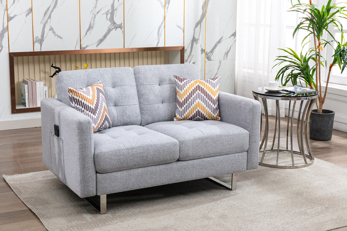 Victoria 53.5" Light Gray Linen Fabric Loveseat With Metal Legs, Side Pockets, And Pillows Light Gray Linen