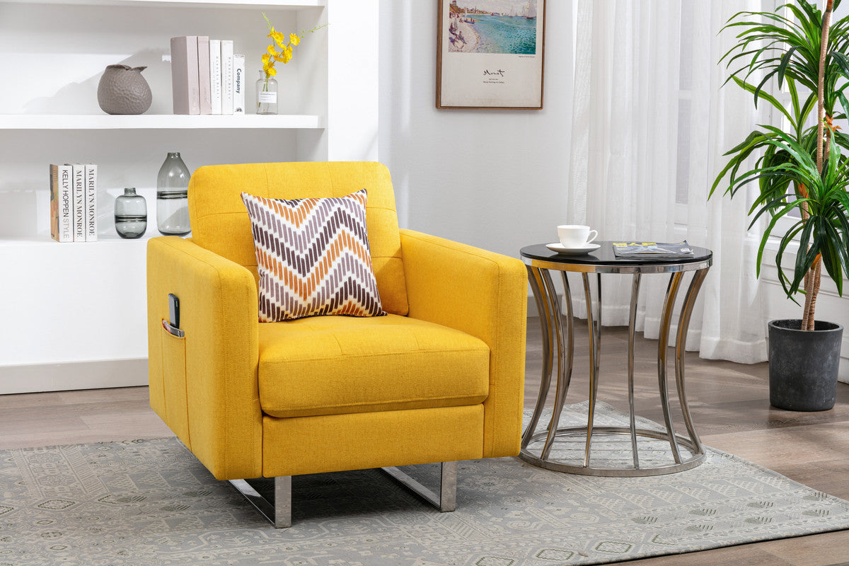 Victoria 33.5" Yellow Linen Fabric Armchair With Metal Legs, Side Pockets, And Pillow Yellow Linen