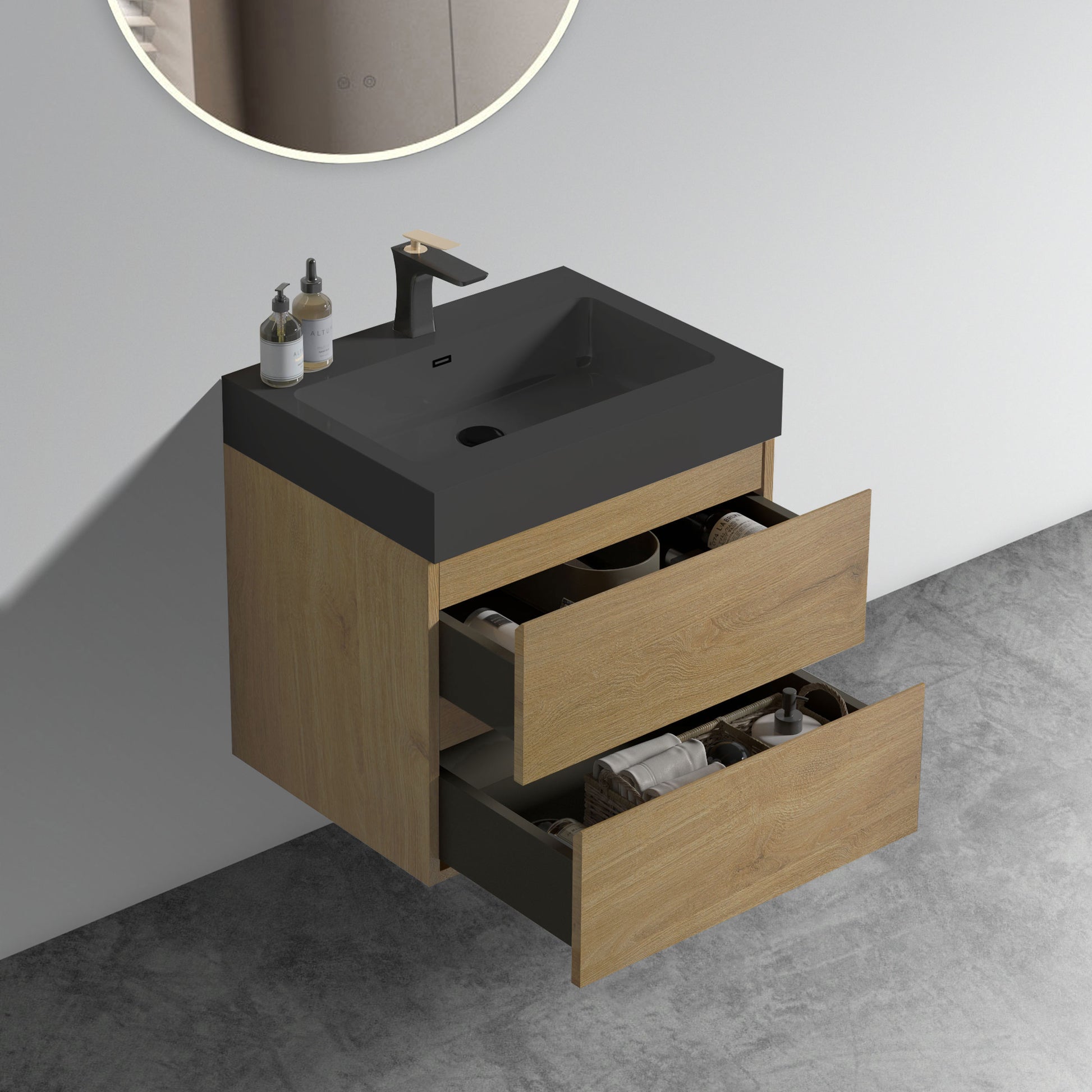 U090 Alice24W 106 Alice 24" Natural Oak Bathroom Vanity With Sink, Large Storage Wall Mounted Floating Bathroom Vanity For Modern Bathroom, One Piece Black Sink Basin Without Drain, Pre Assembled Light Oak Bathroom Modern Mdf Melamine