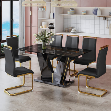 Table And Chair Set,Modern Minimalist Rectangular Dining Table, 0.4 Inch Thick, With A Black Imitation Marble Pattern Glass Desktop And Black Mdf Legs. Comfortable Pu Seats,Perfect For Dinner, Meet Black Seats 6 Mdf Glass