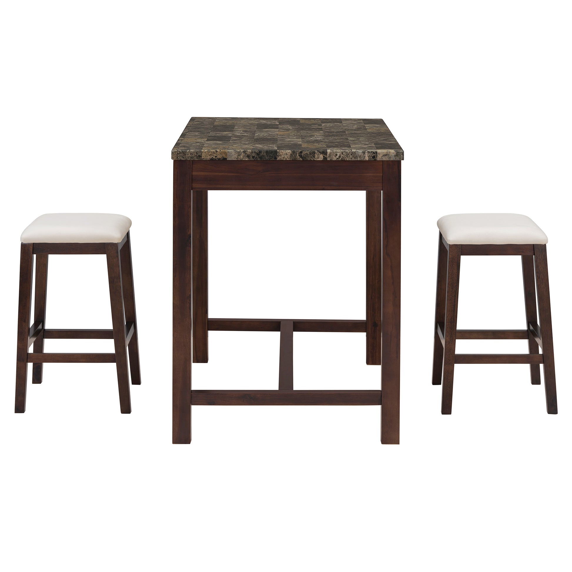 5 Piece Modern Faux Marble Versatile Bar Table Set With Storage Drawers And Padded Stools, Ideal For Space Saving Dining Nooks Or Small Kitchens Walnut Walnut Solid Wood Mdf