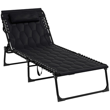 Outsunny Folding Chaise Lounge Set With 5 Level Reclining Back, Outdoor Lounge Tanning Chair With Padded Seat, Side Pocket & Headrest For Beach, Yard, Patio, Black Black Steel