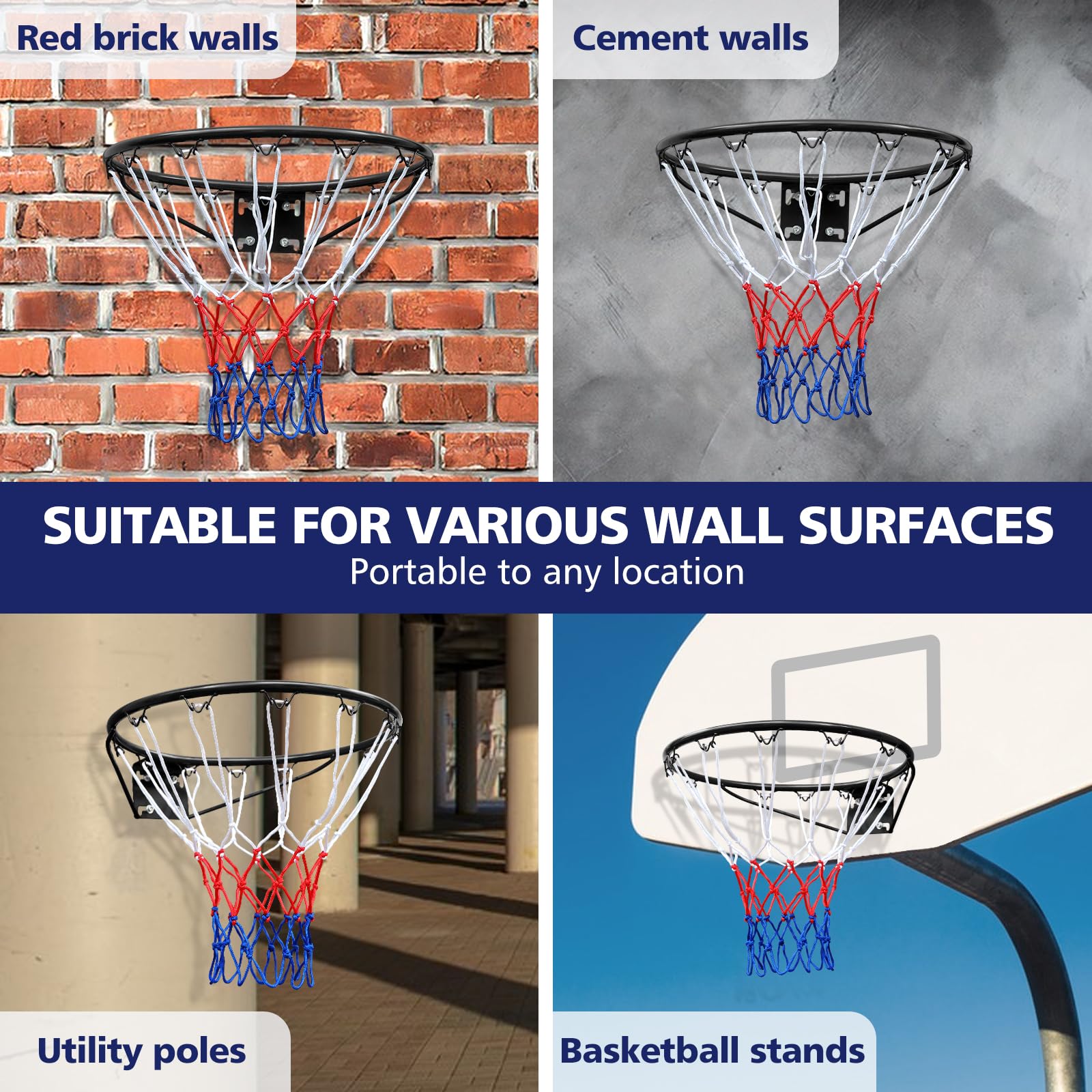 Basketball Rim Replacement Standard 18" Steel Rim Wall Mounted Basketball Goal Hoop With Net For Indoor Outdoor Black Balls Sports Black Iron