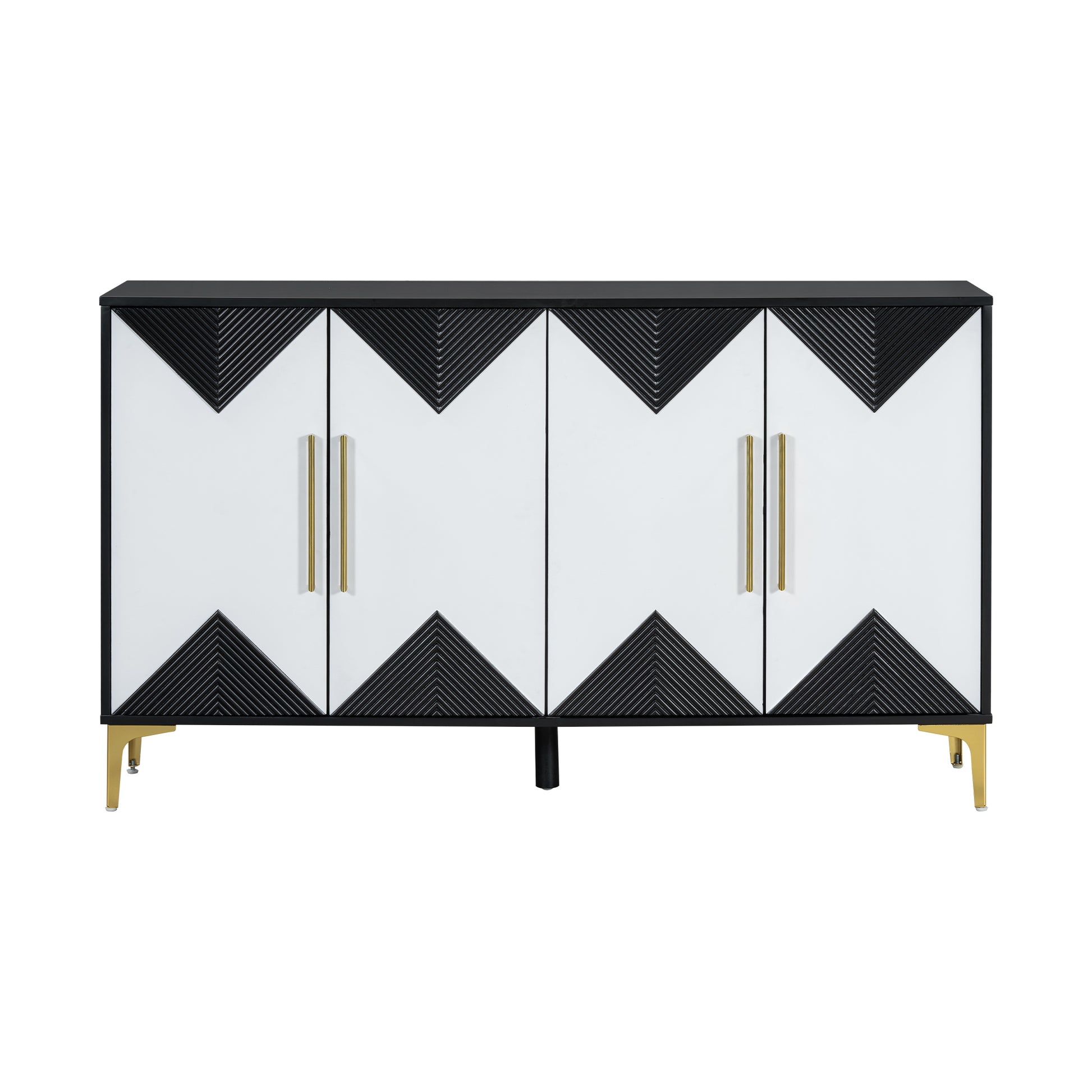 Unique Features Of A Four Door Cabinet With Two Tone Triangular Pattern Doors, Suitable For Entryway, Hallway, Living Room 3 4 Spaces Black White Primary Living Space Adjustable Shelves Artsy,Contemporary Mdf