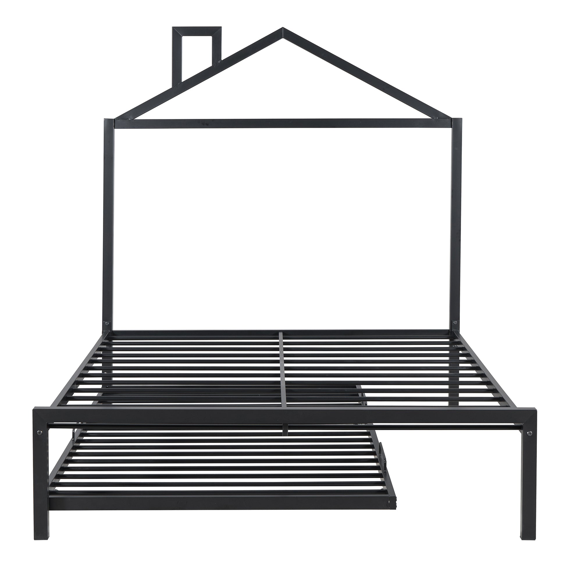 Full Size Metal Platform Bed With Twin Size Trundle,House Shaped Headboard Design, Black Full Black Metal