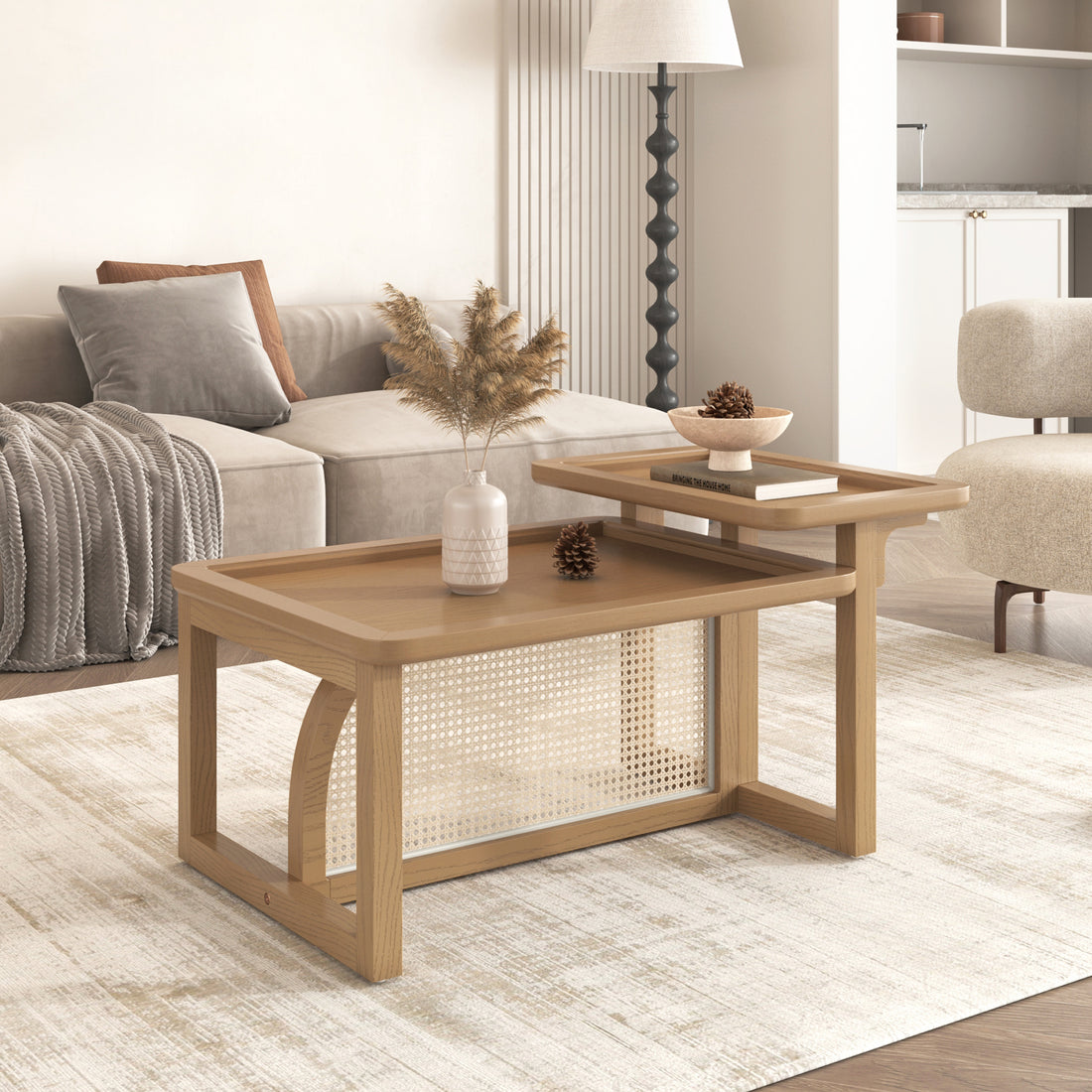 Modern 2 Piece Nesting Rattan Wood Mdf Coffee Table Set In Natural Natural Rubber Wood