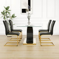 Modern Style Glass Dining Table, Elegant Transparent Design, Solid Support Base, Black Dining Chair Set, Gold Plated Chair Legs, Suitable For Restaurant Kitchen Use Set Of 5 Black Gold Seats 4 Mdf Glass