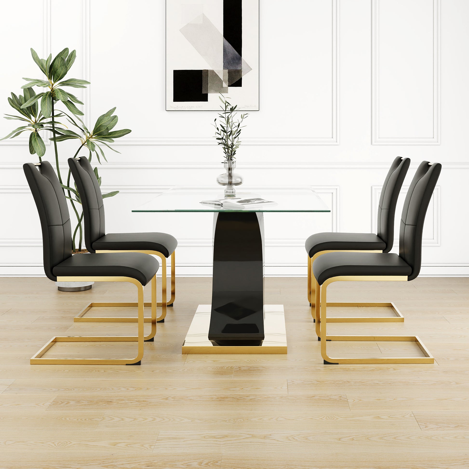 Modern Style Glass Dining Table, Elegant Transparent Design, Solid Support Base, Black Dining Chair Set, Gold Plated Chair Legs, Suitable For Restaurant Kitchen Use Set Of 5 Black Gold Seats 4 Mdf Glass