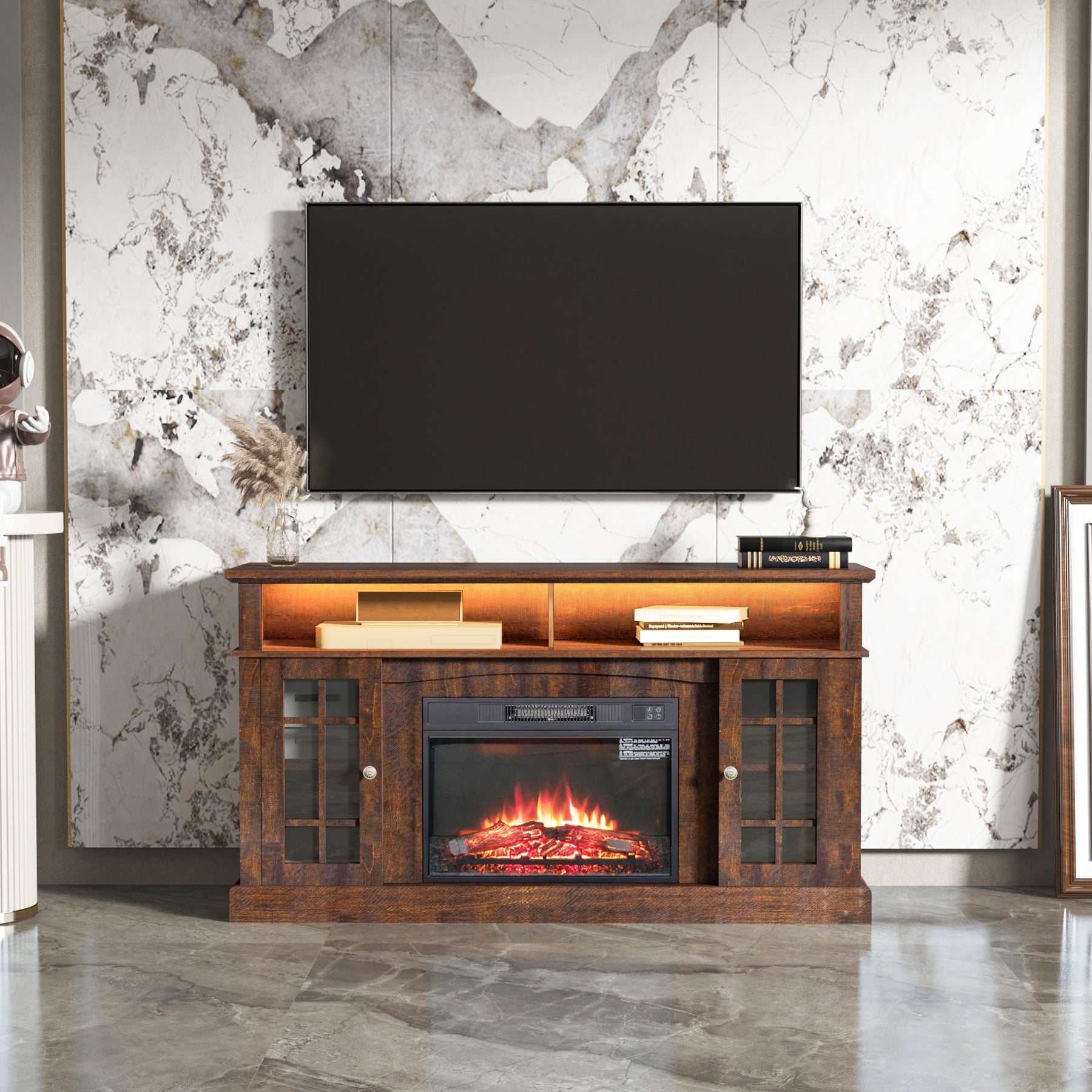 Tvstand,Media Console,Storage Cabinet,Entertainment Center,With Electronicfireplace,Install Theledbluetooth Band,Using The Latest Infrared Heating Technology,Electronicflame Beautiful,Safe.Color:Brown Antique Brown Primary Living Space 60 69 Inches 60 69