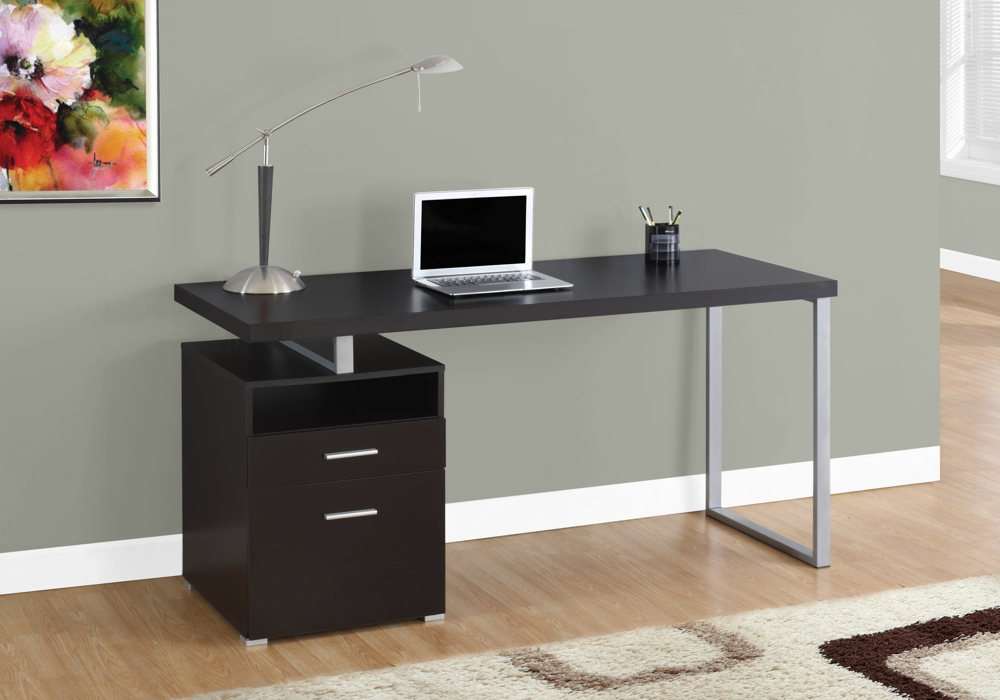 Computer Desk, Home Office, Laptop, Left, Right Set Up, Storage Drawers, 60"L, Work, Brown Laminate, Grey Metal, Contemporary, Modern Espresso Particle Board