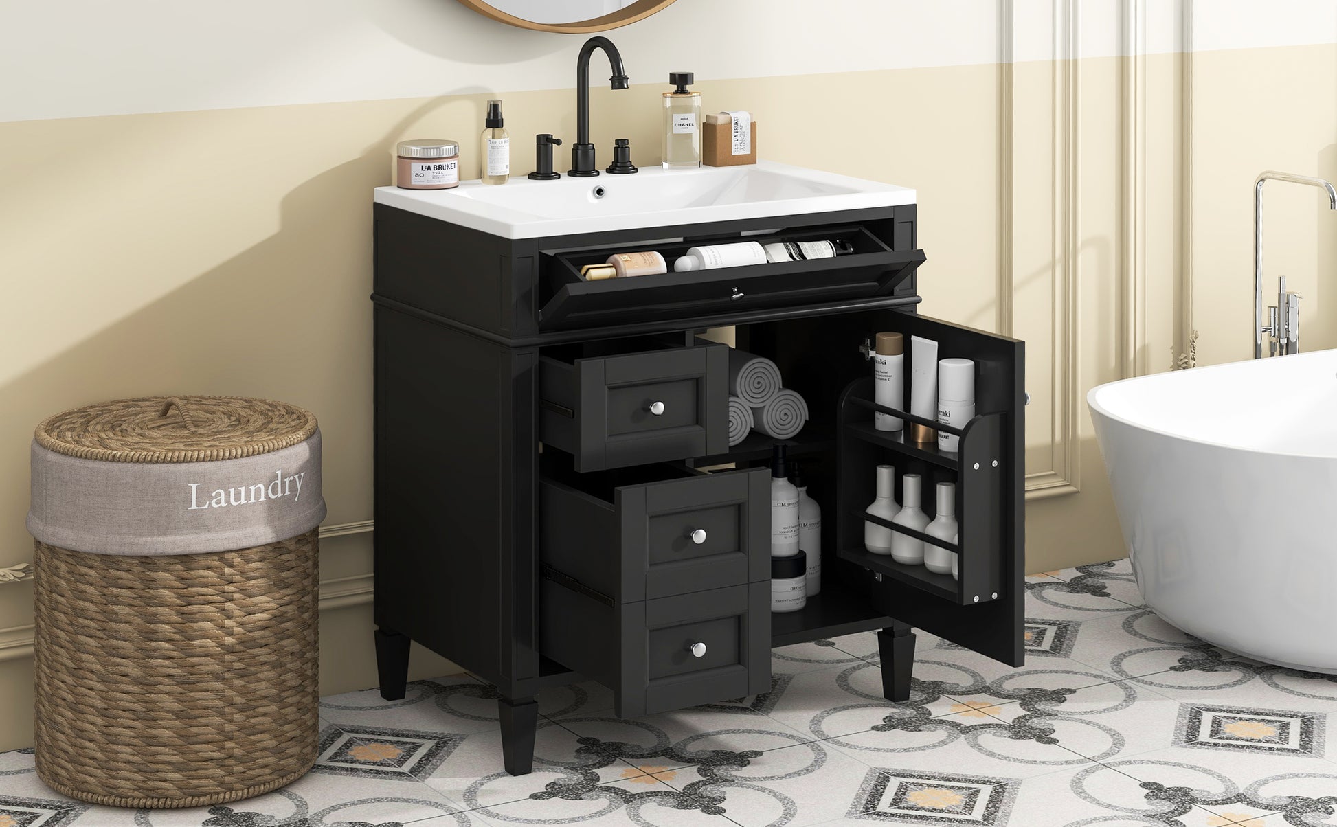 30'' Bathroom Vanity With Top Sink, Modern Bathroom Storage Cabinet With 2 Drawers And A Tip Out Drawer, Single Sink Bathroom Vanity Black Bathroom Solid Wood Mdf