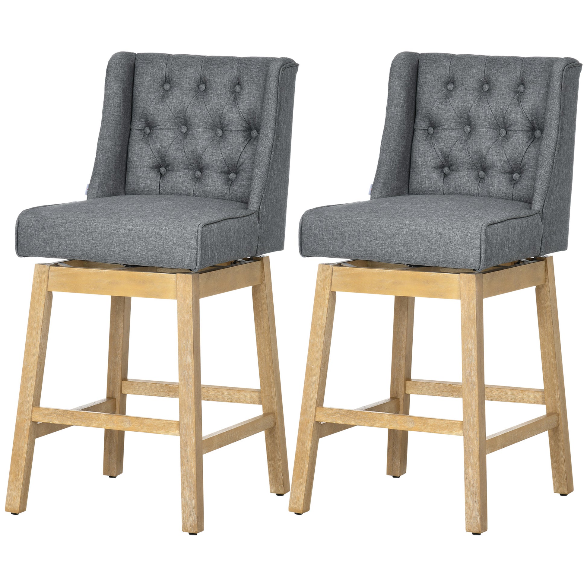 Homcom Bar Height Bar Stools Set Of 2, 180 Degree Swivel Barstools, 30" Seat Height Bar Chairs With Solid Wood Footrests And Button Tufted Design, Gray Grey Polyester