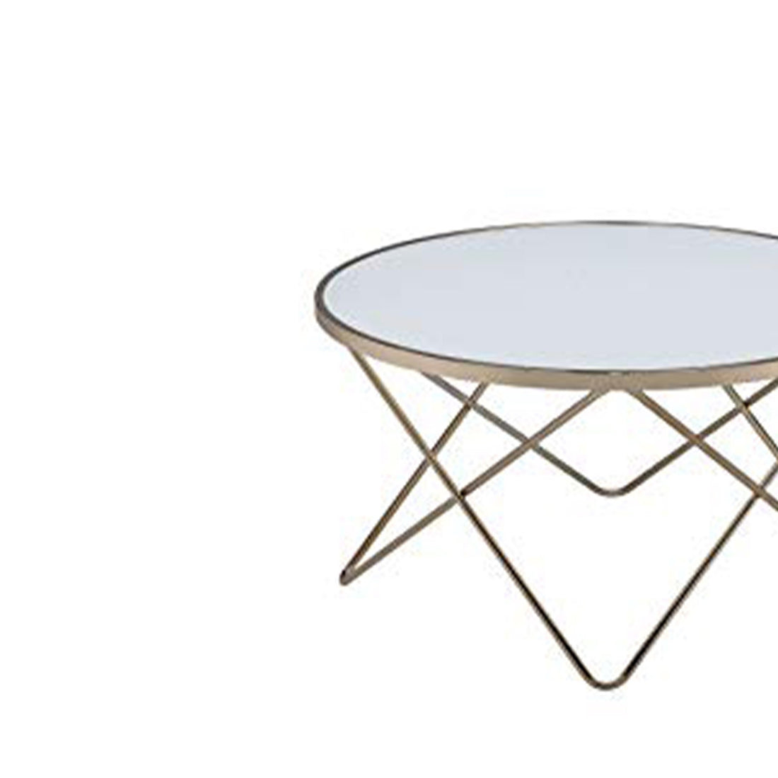 Contemporary Style Round Glass And Metal Coffee Table, White And Gold White Gold Glass Metal