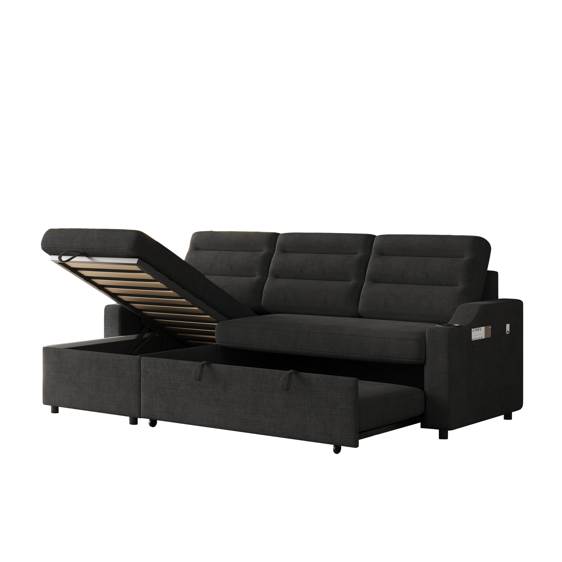 Mh83.5" Convertible Sleeper Combo Sofa, Convertible Sofa Bed Polyester Pullout Bed With Storage Recliner And Cup Holder For Living Room, Tight Spaces Black Polyester Wood Primary Living Space Pine Polyester Fabric 3 Seat