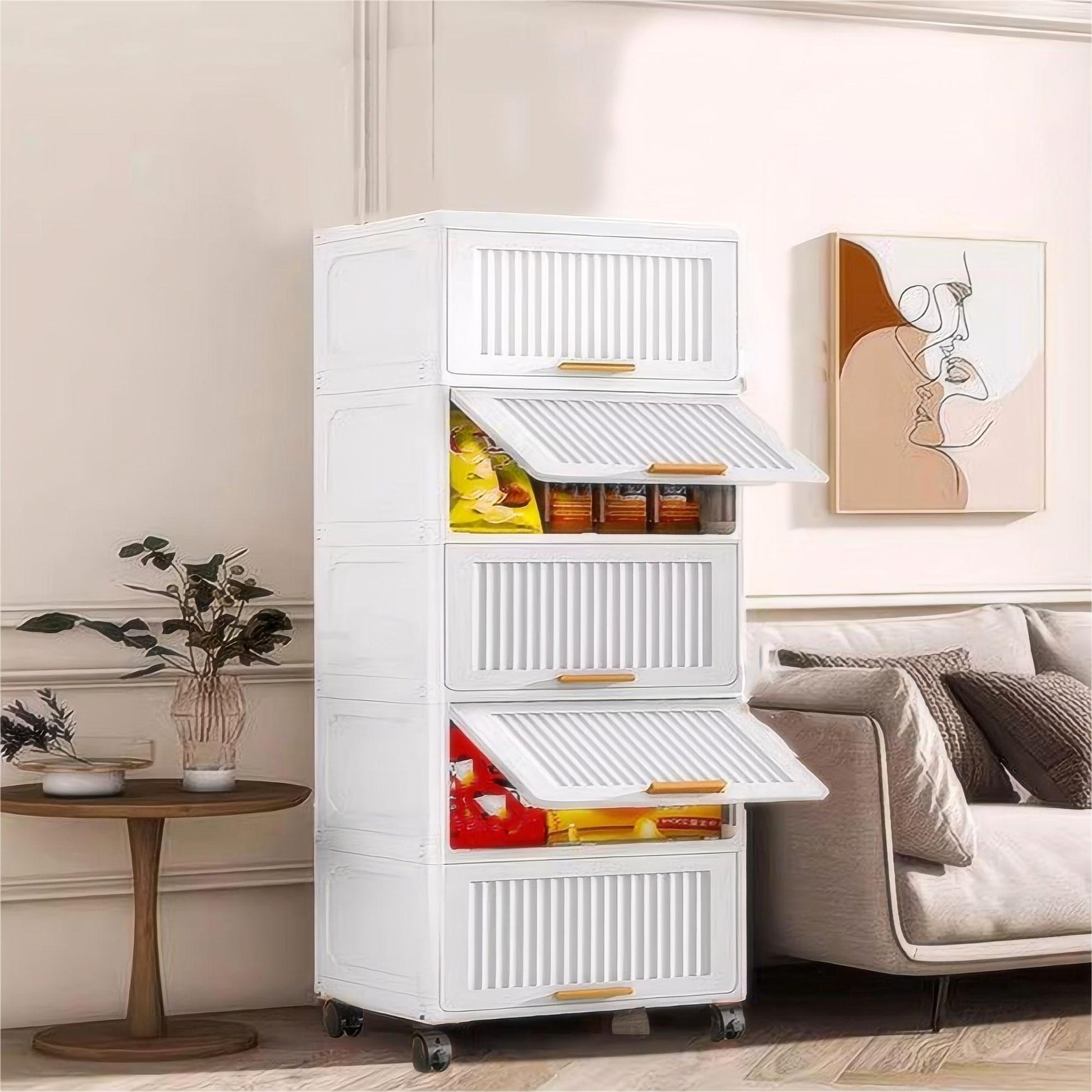 15.75" Side Wide 5 Layers Flip Open Storage Box With Wheels, Movable Storage Cabinet, Kitchen Shelf, Movable Storage Island, Home Organization, Wardrobe Storage Box White Plastic