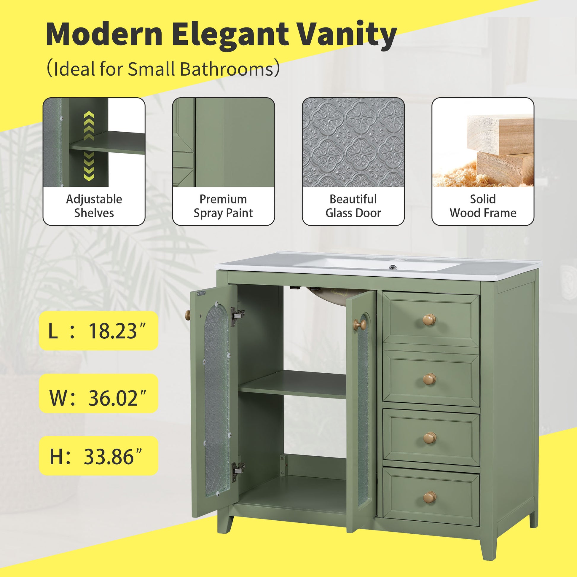 36 Inch Bathroom Vanity With Two Soft Close Doors, Adjustable Shelves And Three Soft Close Drawers Green Bathroom Solid Wood Mdf