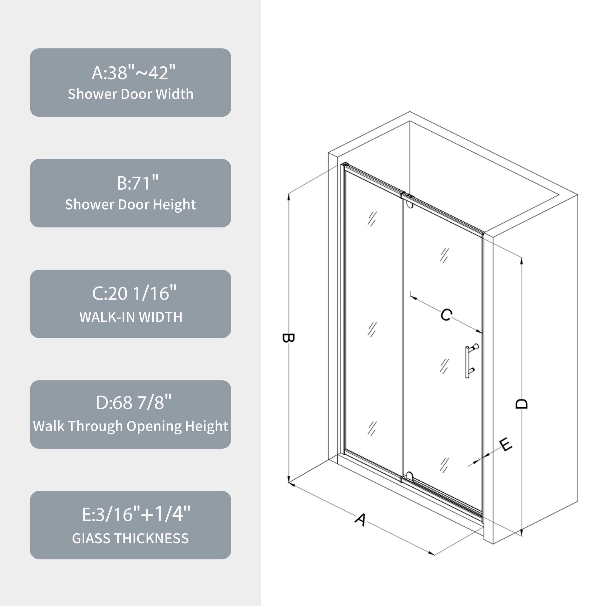 38 42" W X 71" H Piovt Swing Glass Shower Door,Pivot Frame Sliding Shower Door With 1 4" 6Mm Clear Sgcc Tempered Glass,Matte Black Finish Shower Doors,Reversible Installation Matte Black Bathroom Aluminium Alloy