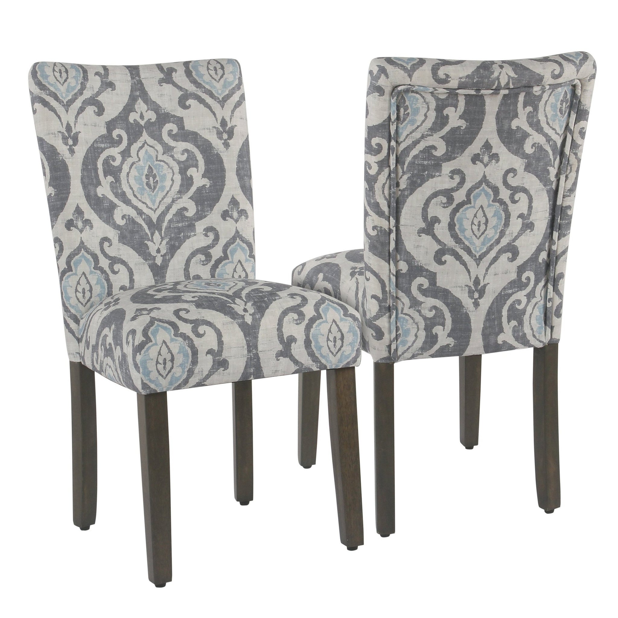 Wooden Dining Chair With Da Print Fabric Upholstery, Gray And Blue, Set Of Two Grey Blue Wood Fabric