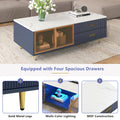 Modern Navy Blue Coffee Table With 2 Glass Door Storage, 4 Drawers, Gold Metal Legs, And Multi Color Lighting In 47.2'' Navy Blue Drawers Mdf