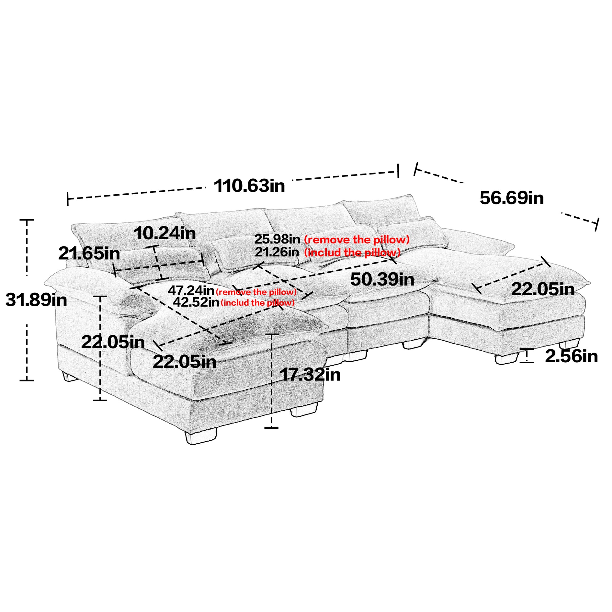 United We Win Modern Large Chenille Fabric U Shape Sectional Sofa Navy Chenille