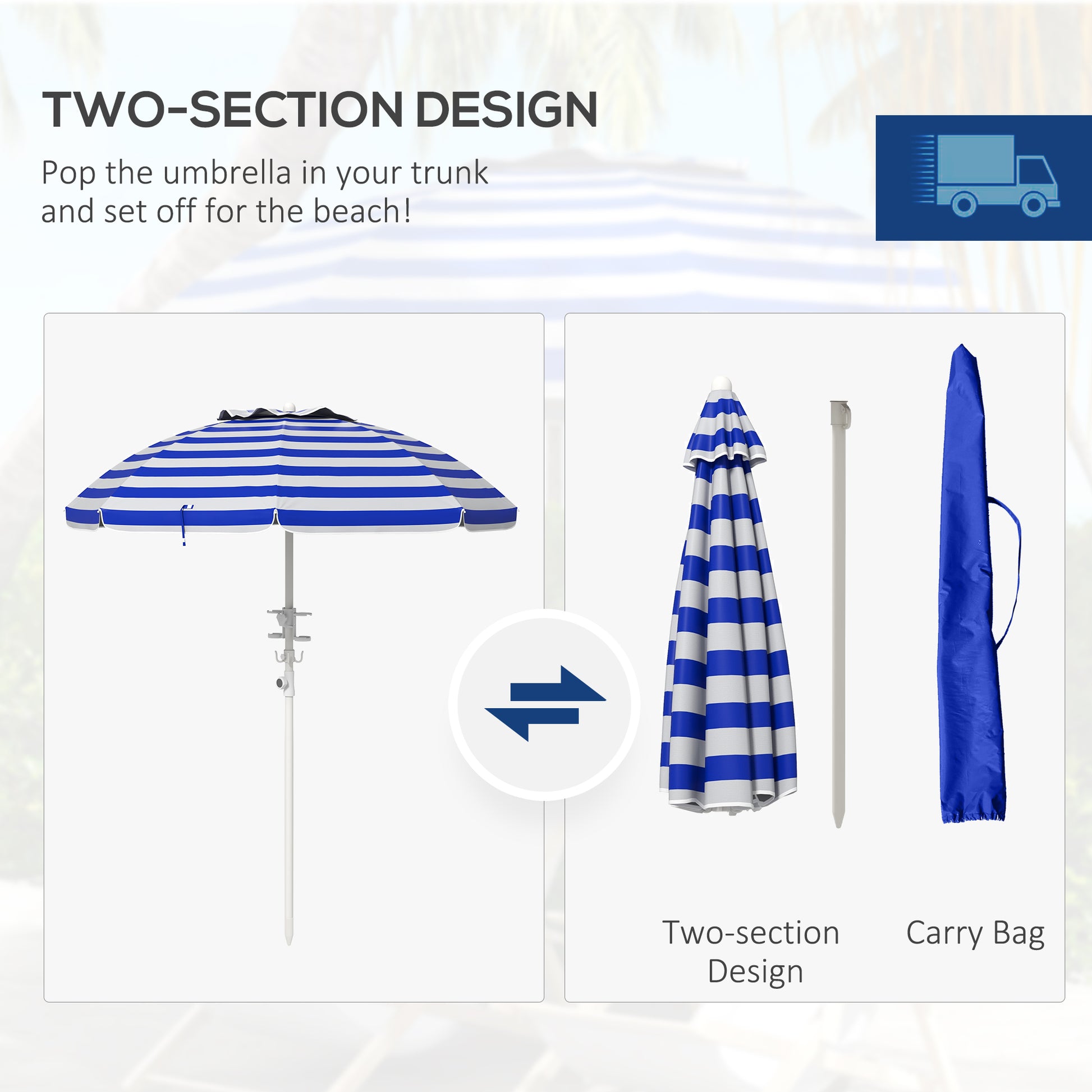 Outsunny 5.7' Portable Beach Umbrella With Tilt, Adjustable Height, 2 Cup Holders & Hooks, Uv 40 Ruffled Outdoor Umbrella With Vented Canopy, Blue White Stripe Colorful Polyester
