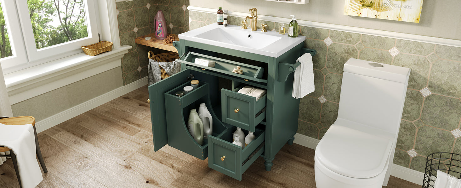 30'' Bathroom Vanity With Top Sink, Modern Bathroom Storage Cabinet With 2 Drawers And A Tip Out Drawer, Single Sink Bathroom Vanity Same As Sw000143Aaf Green Bathroom Modern Solid Wood Mdf Resin
