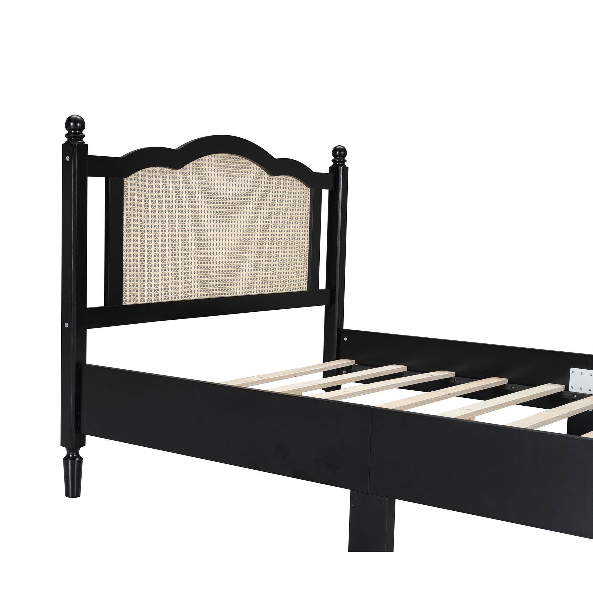 Full Size Wooden Platform Bed With Natural Rattan Headboard, Vintage Bed Frame With Wooden Slat Support, Black Box Spring Not Required Full Black Wood