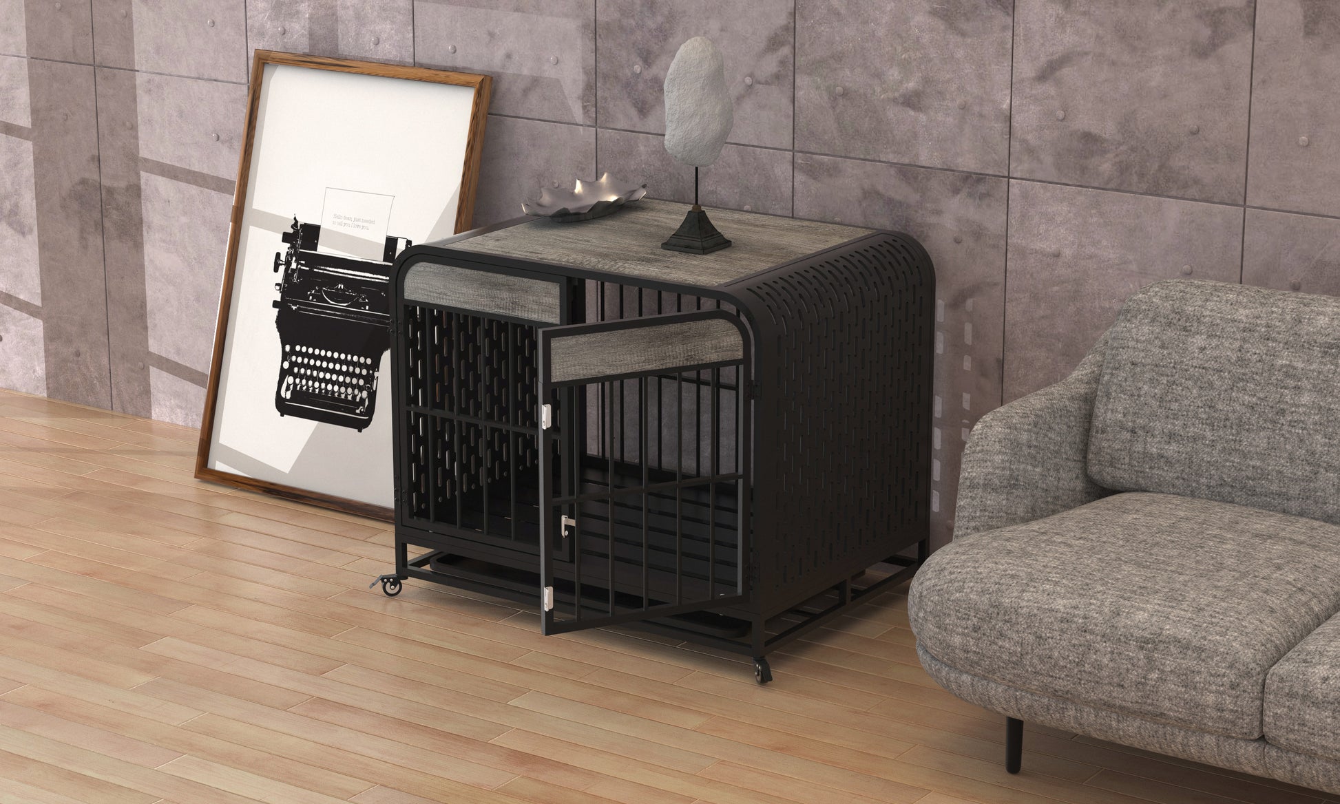 Heavy Duty Dog Crate Furniture Wooden Table Pet Dog Cage Kennel House Indoor Side End Table Decor With Removable Trays And Lockable Wheels For Small Dogs 33" Grey Grey Outdoor Kennel Small 11 25 Lbs Mdf Steel