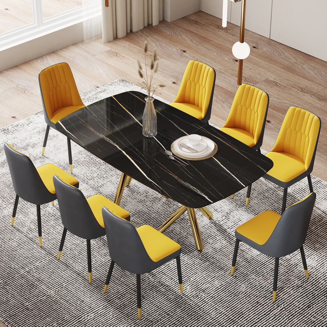 Large Modern Minimalist Rectangular Dining Table With 0.39 "Imitation Marble Black Desktop And Gold Metal Legs, Paired With 8 Chairs With Pu Cushions And Black Metal Legs.F 1538 C 007 Black Gold