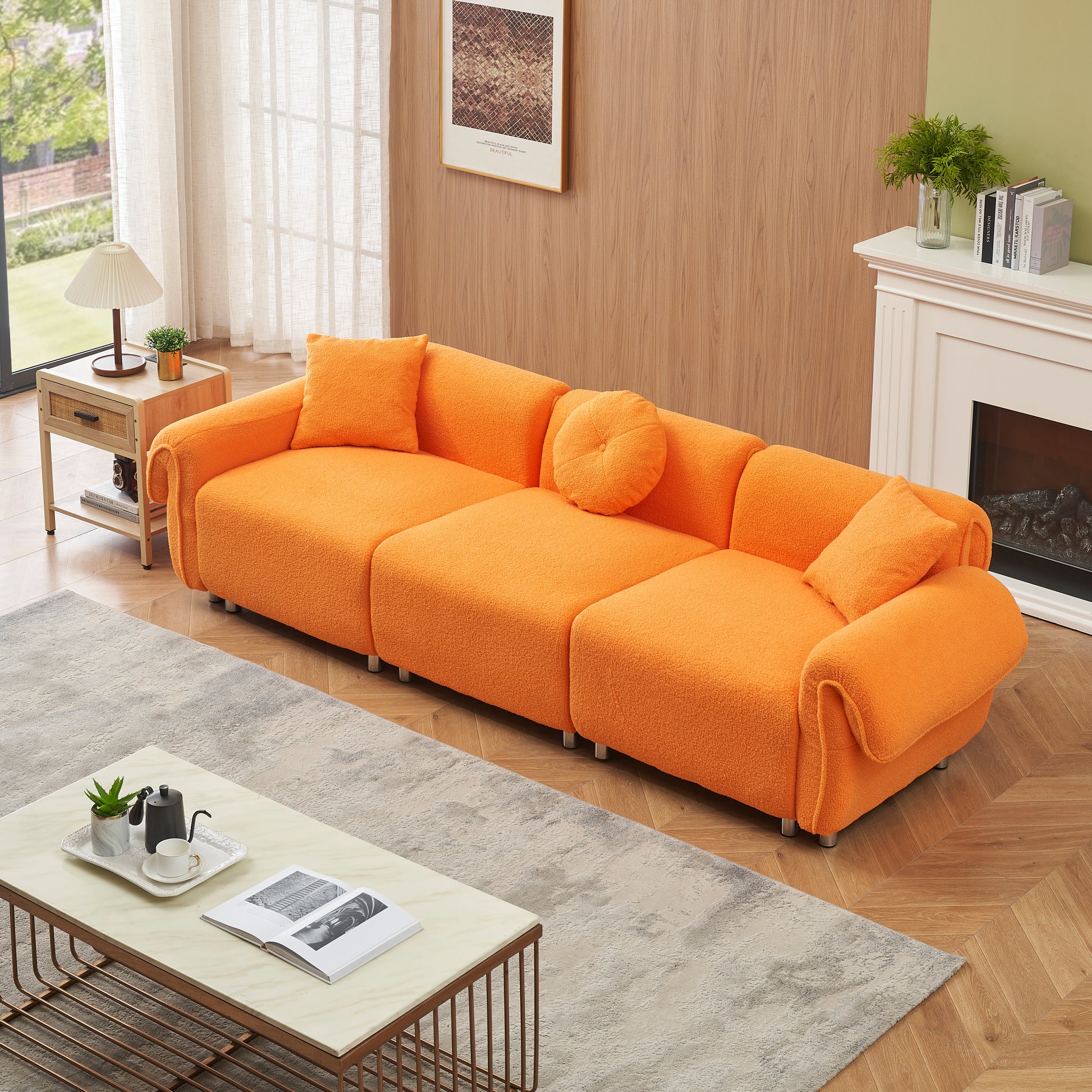 112 Inch Orange Teddy Velvet Fabric, With 3 Pillows, Three Sofa Can Be Placed In The Living Room And Other Scenes Orange Teddy Velvet Fabric, With 3 Pillows, Three Sofa Can Be Placed In The Living Roo Orange Polyester Blend 3 Seat