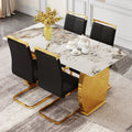 Table And Chair Set, Rock Plate Table Top, Gold Metal Table Legs, Stable And Beautiful, Suitable For Most Home Styles. Modern Simple Dining Table, Comfortable Seating. Gold Black Seats 4 Sintered Stone