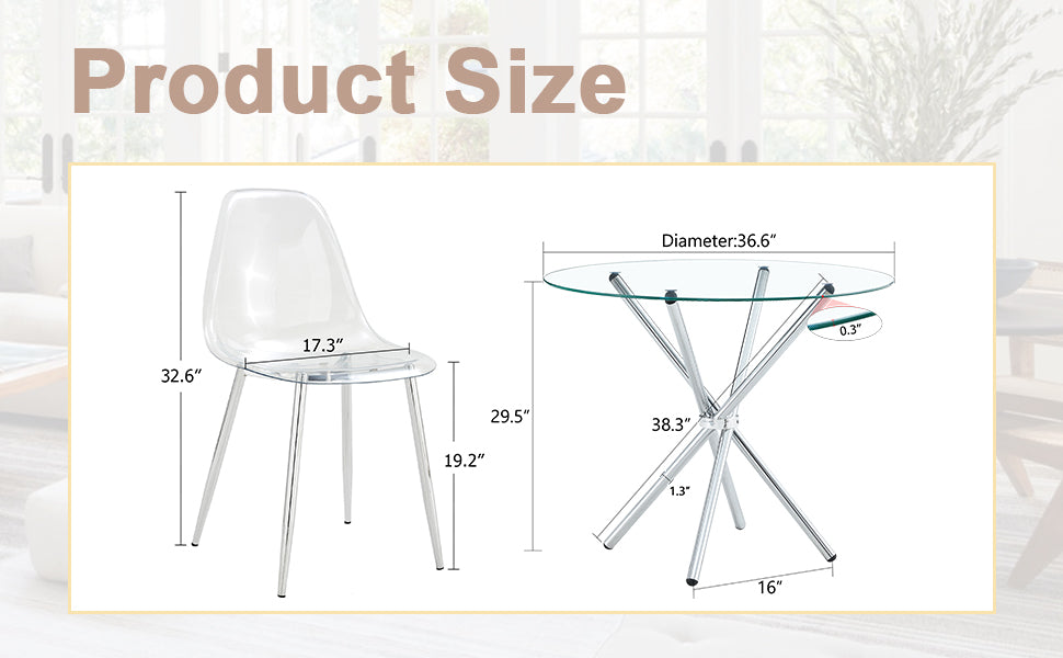 Table And Chair Set.36.6"Round Clear Glass Dining Table With A Unique Shape With Ring Shaped Gathered Silver Metal Legs.Paired With 4 Transparent High Quality Pp Dining Chairs With Silver Legs.