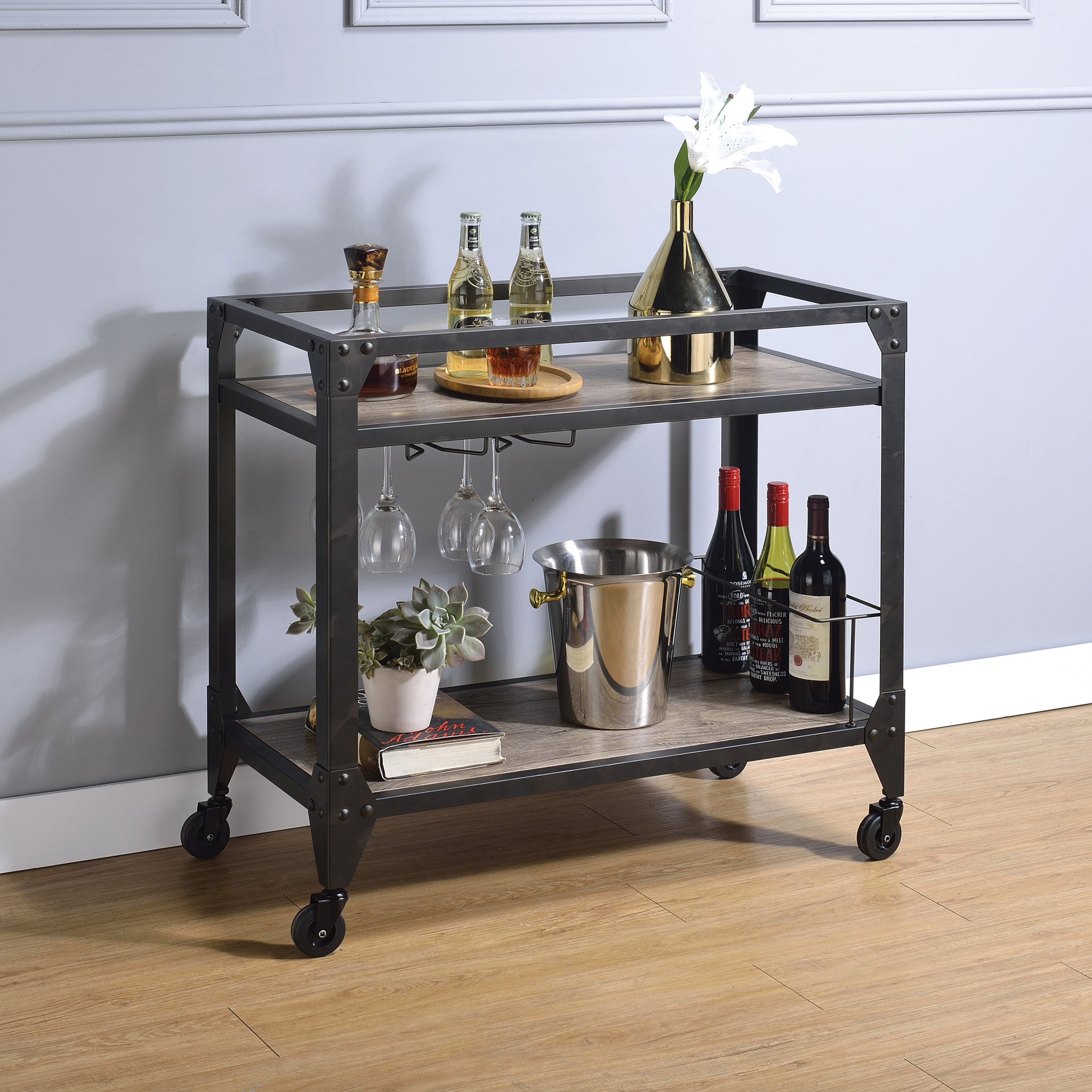 Rustic Oak And Charcoal 2 Shelf Serving Cart -