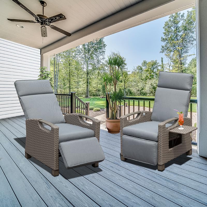 Outdoor Recliner Chair, Patio Recliner With Hand Woven Wicker, Flip Table Push Back, Adjustable Angle, 6.8'' Thickness Cushions, Reclining Lounge Chair For Indoor And Outdoor, Gray Yes Gray Garden & Outdoor Steel Rattan