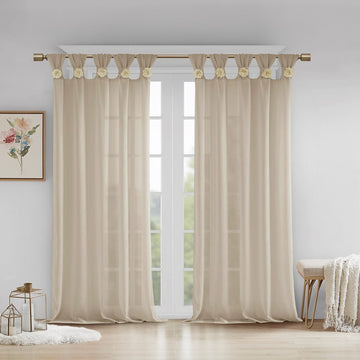 Floral Embellished Cuff Tab Top Solid Curtain Panel Only 1 Pc Panel Beige Linen