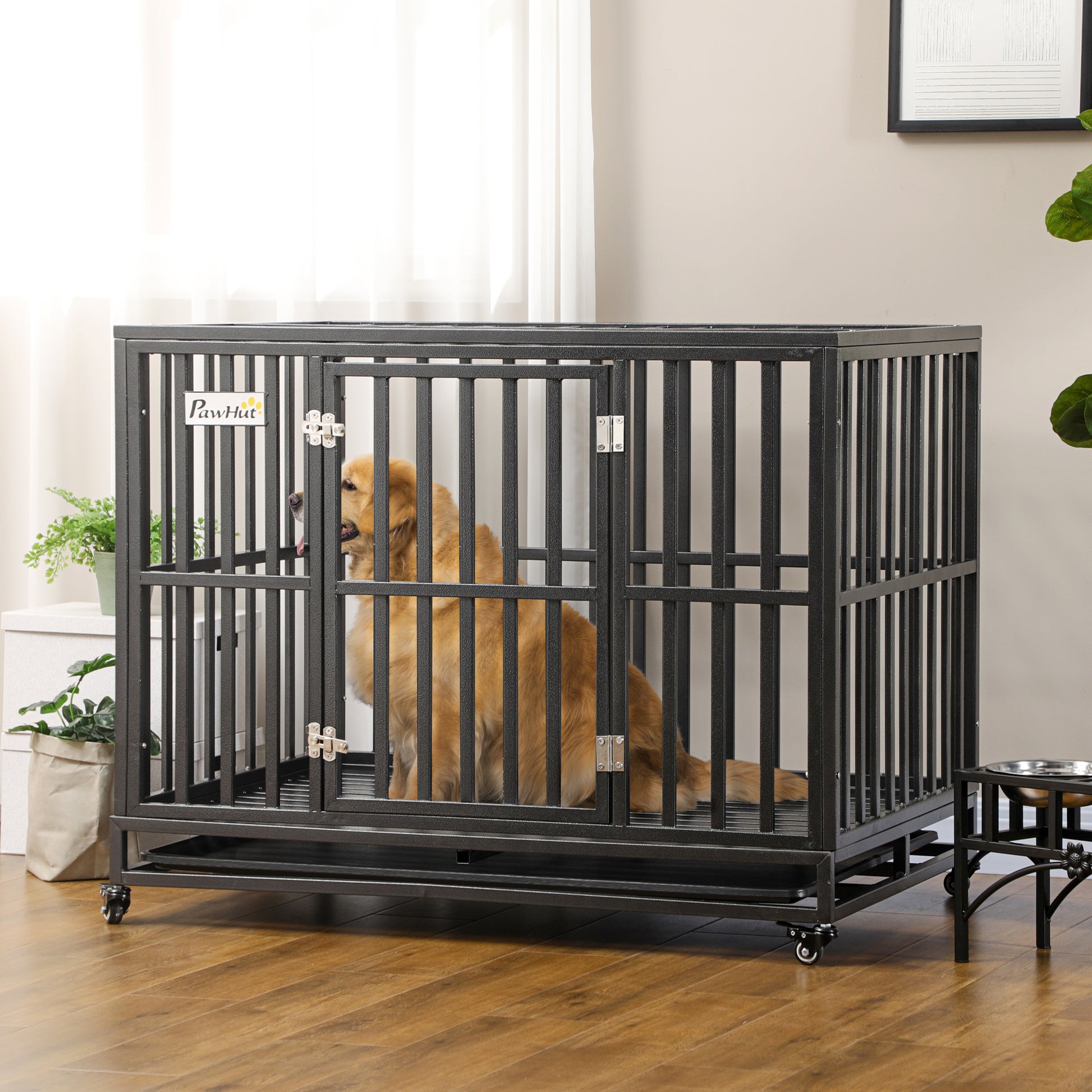 Pawhut Heavy Duty Dog Crate Metal Kennel And Cage Dog Playpen With Lockable Wheels, Slide Out Tray And Anti Pinching Floor, 45" X 29.5" X 35" Black Steel