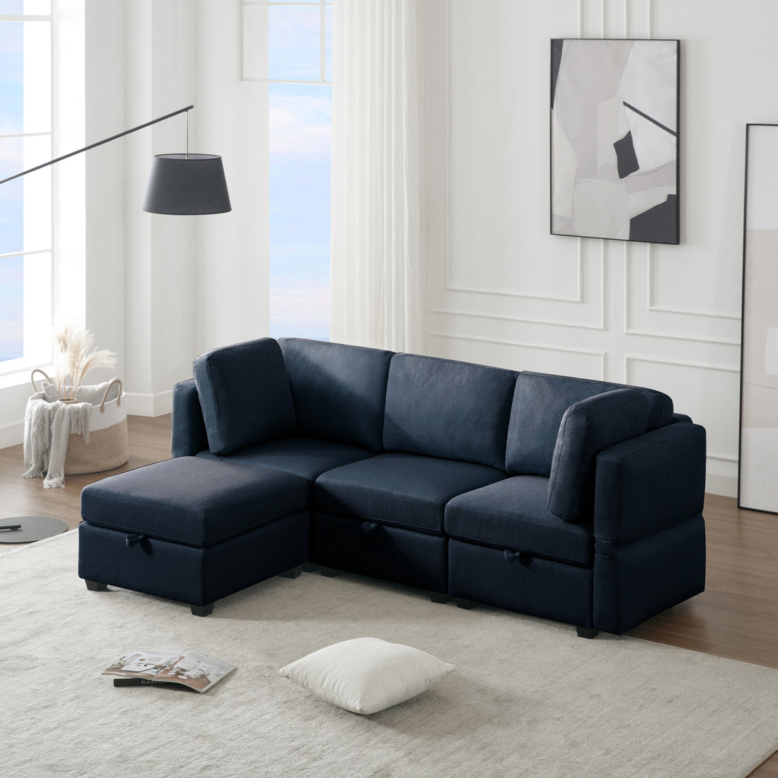 Convertible Sectional Sofa With Chaise, L Shaped Sofa Couch Modular Sectional Sofa With Storage Seats, Adjustable Arms And Backs Blue Blue Polyester 3 Seat