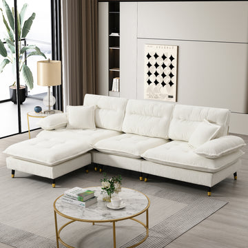 106*66.5" L Shaped Convertible Sectional Sofa,4 Seat Tufted Couch Set With Two Tone Adjust Legs,Cloud Chenille Fabric,Movable Ottoman For Living Room, Apartment,Office,3 Colors White Chenille 4 Seat