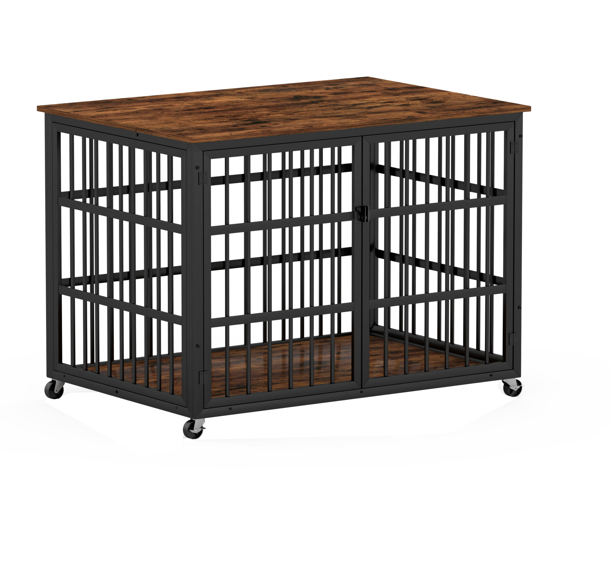 Furniture Style Dog Crate Wrought Iron Frame Door With Side Openings, Rustic Brown, 43.3''W X 29.9''D X 33.5''H. Rustic Brown Particle Board