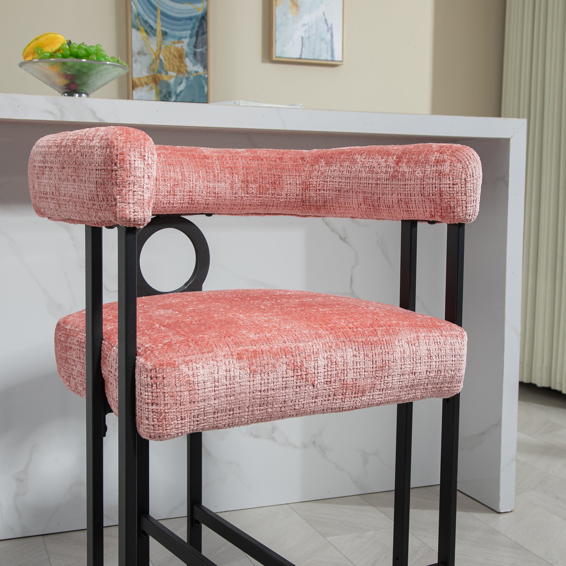 Coolmore Bar Stools Set Of 1, Modern Bar Stool With Back, Black Metal Frames, Upholstered Bar Stools For Kitchen Island, Pub, Club Pink Chenille Pink Primary Living Space Foam Chenille