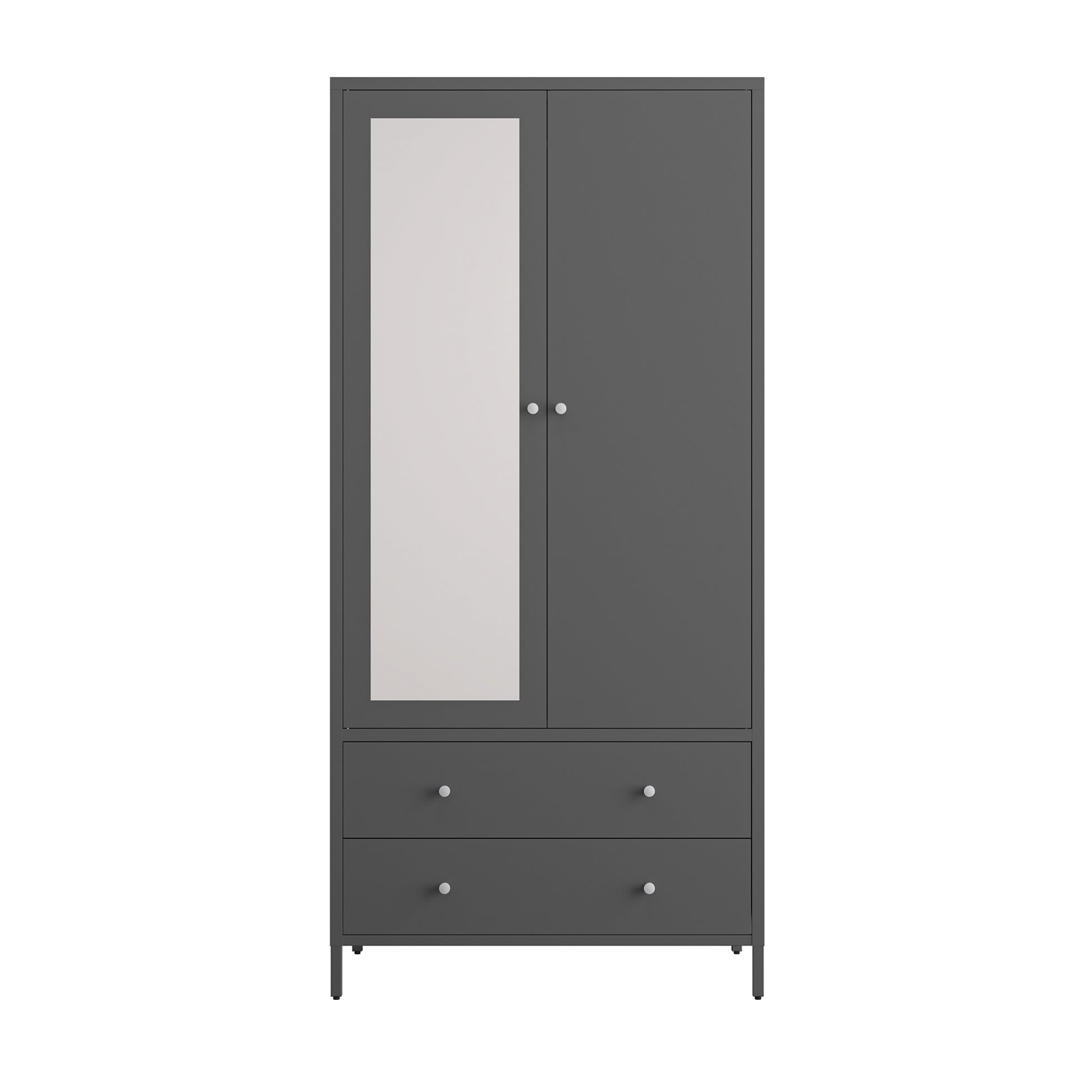 Metal Armoire Wardrobe Closet With 2 Drawers, Mirror Door And Hanging Rod, Metal Clothing Storage Cabinet, Garment Organizer With Magnetic Door Dark Grey Gray Bedroom Retro Steel