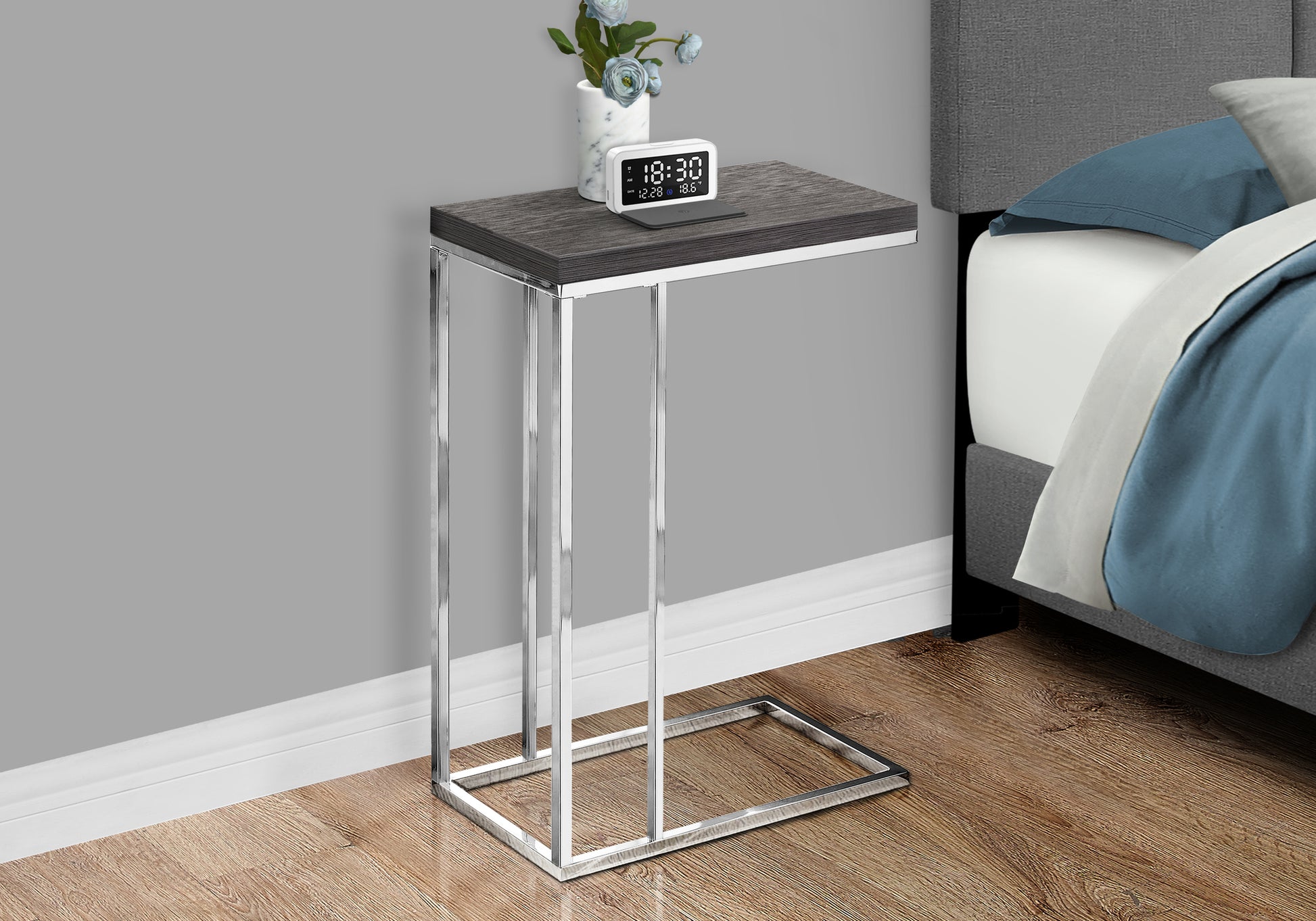 Accent Table, C Shaped, End, Side, Snack, Living Room, Bedroom, Grey Laminate, Chrome Metal, Contemporary, Modern Grey Particle Board