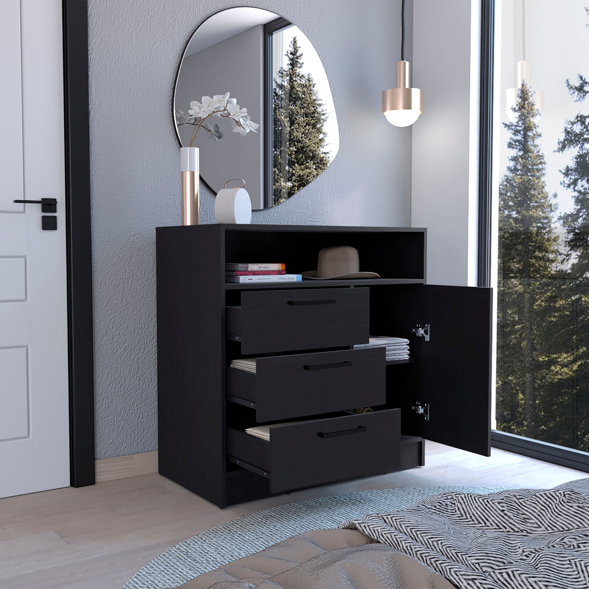 Omaha Dresser Multi Storage Compact Unit With Spacious 3 Drawers And Cabinet Black Primary Living Space Modern Particle Board