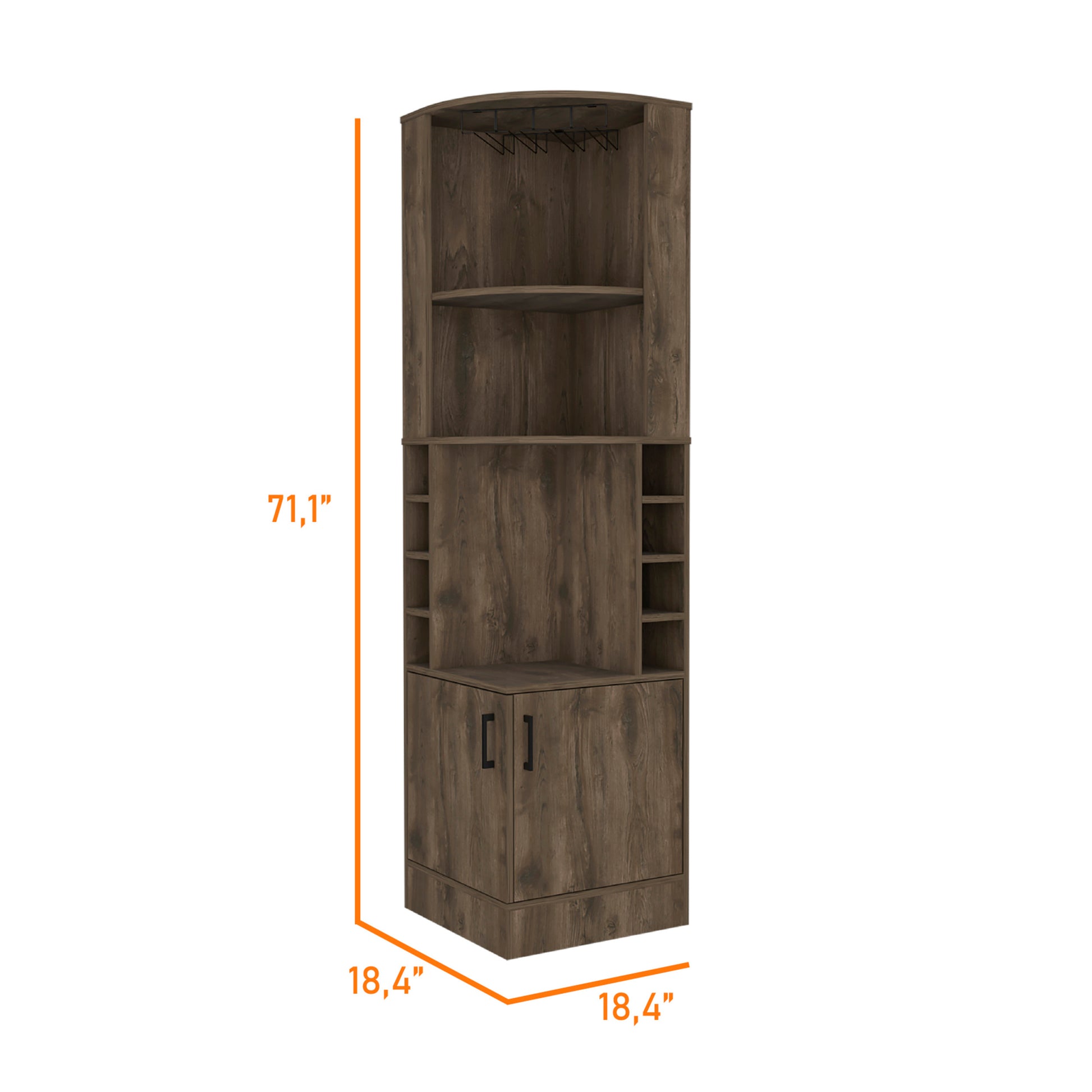 Seattle Bar Cabinet, Eight Bottle Cubbies, Two Large Open Shelves Freestanding 1 2 Drawers Dark Brown Primary Living Space Open Storage Space Contemporary Pine Particle Board Engineered Wood