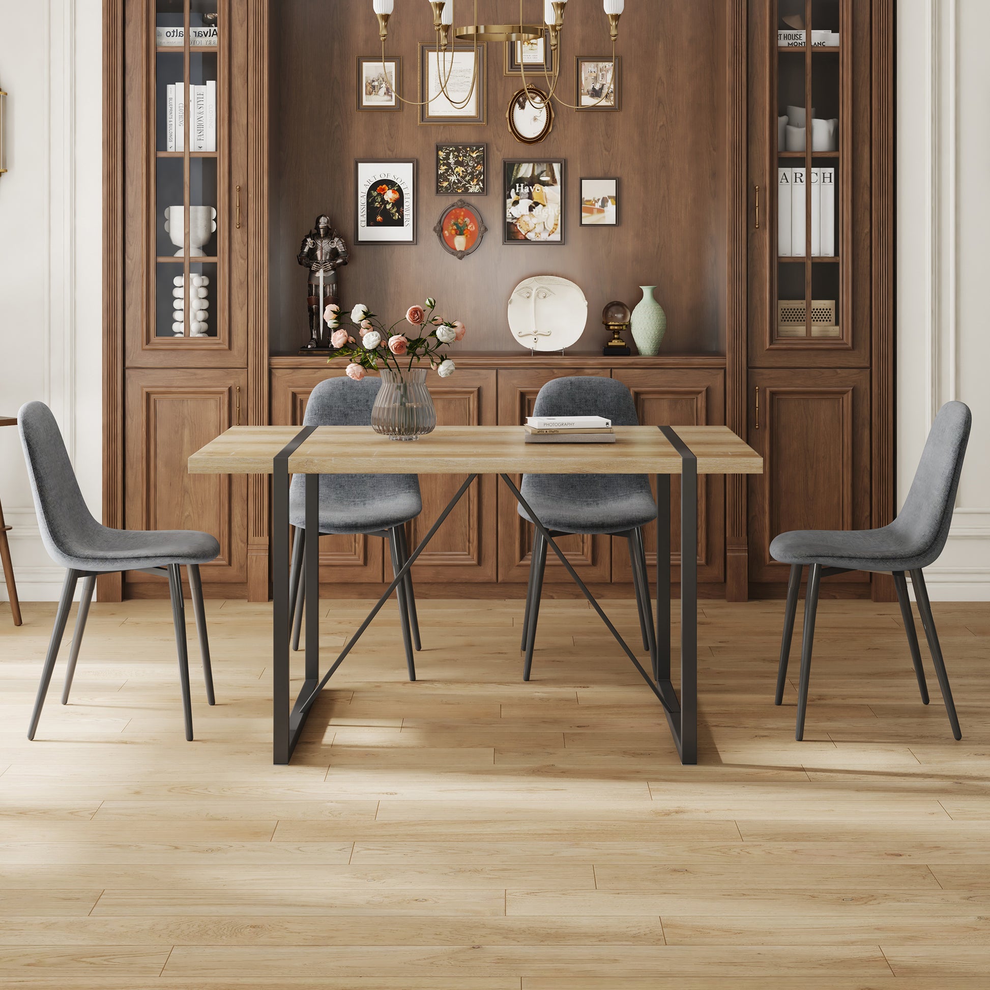 Table And Chair Set, Upholstered Side Chairs In A Modern Medieval Style, 4 Dark Grey Dining Chairs And A Rustic Industrial Rectangular Wood Color Mdf Dining Table. Gray Seats 4 Mdf