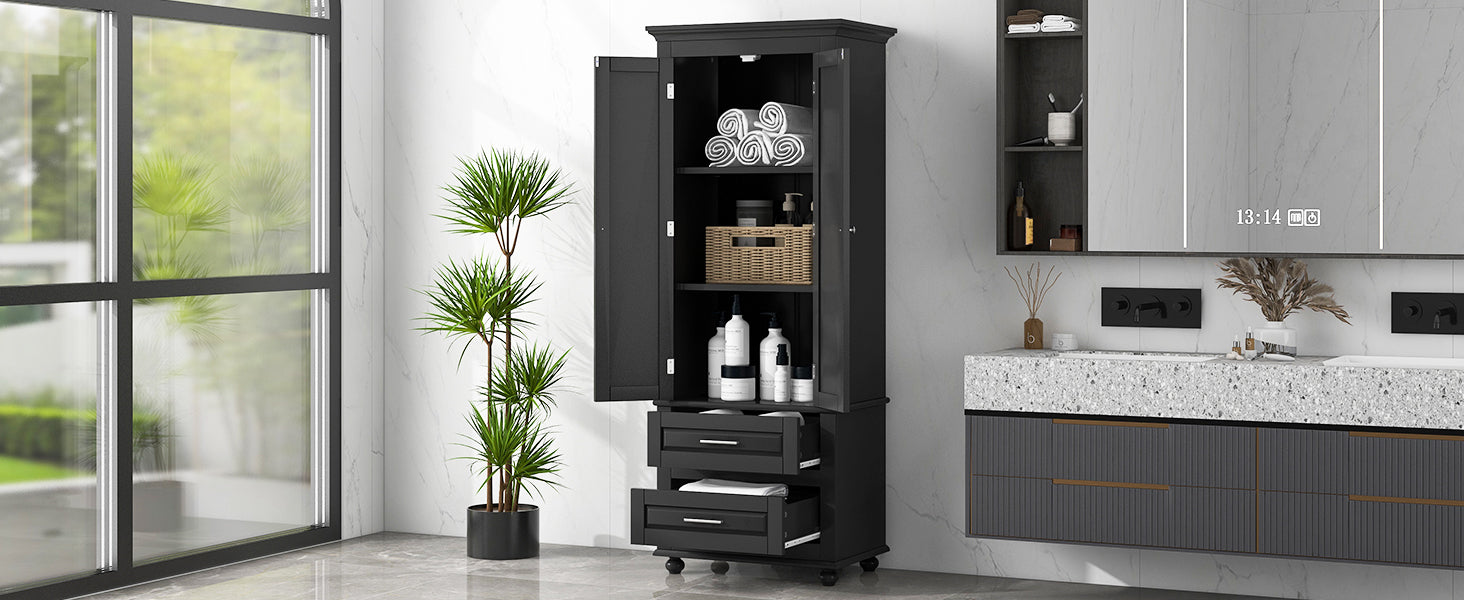 Tall Storage Cabinet With Two Drawers For Bathroom Office, Black Black Mdf