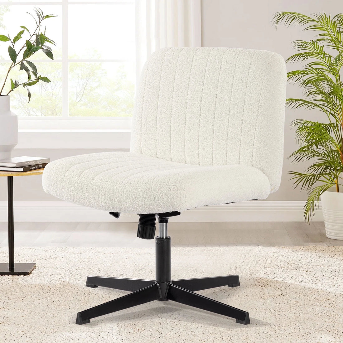 Office Chair Armless Desk Chair No Wheels, Sherpa Padded Wide Seat Home Office Chairs, 115 Rocking Mid Back Cute Computer Chair For Bedroom, Vanity, Makeup,Whtie White Foam Teddy