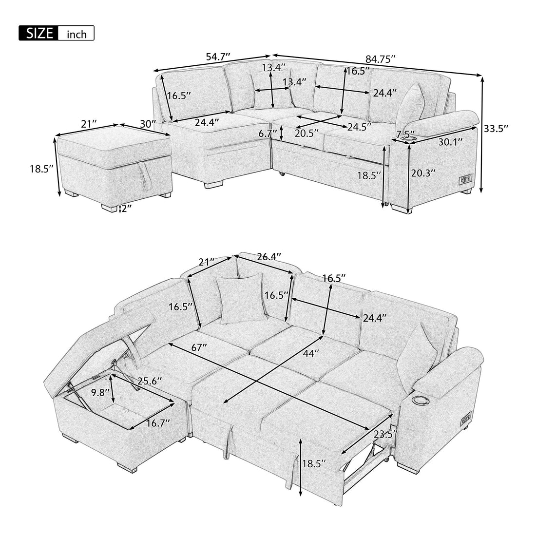 84.75" Sleeper Sofa Bed,2 In 1 Pull Out Sofa Bed L Shape Couch With Storage Ottoman For Living Room,Bedroom Couch And Small Apartment, Beige Beige Foam Linen 4 Seat